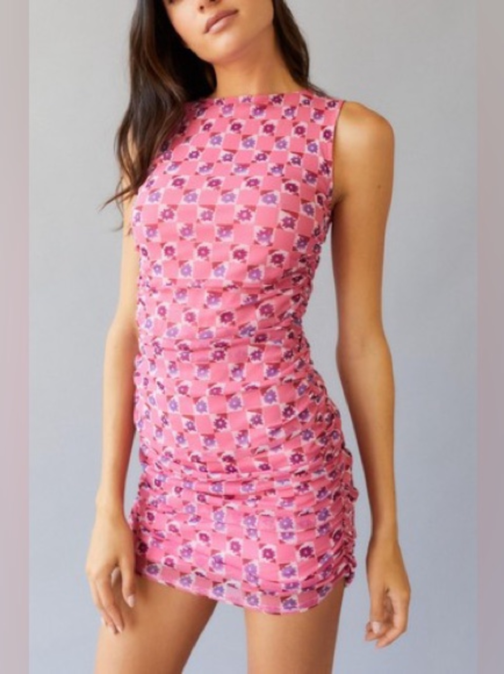 Urban Outfitters Pink Floral Check Ruched Mini Dress